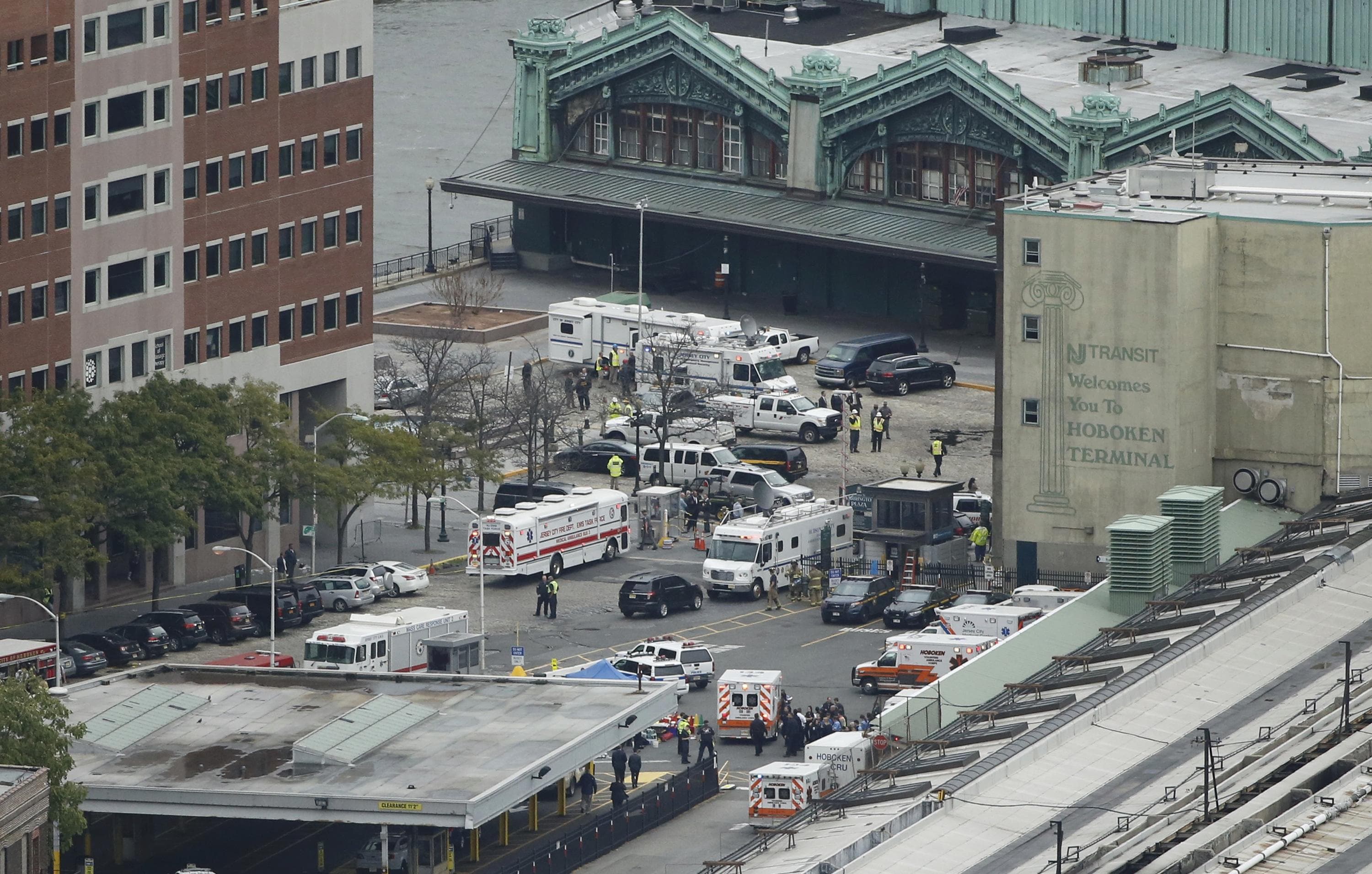 Emergency vehicles are seen in an aerial view outside the New Jersey Transit station. (Photo: Reuters)