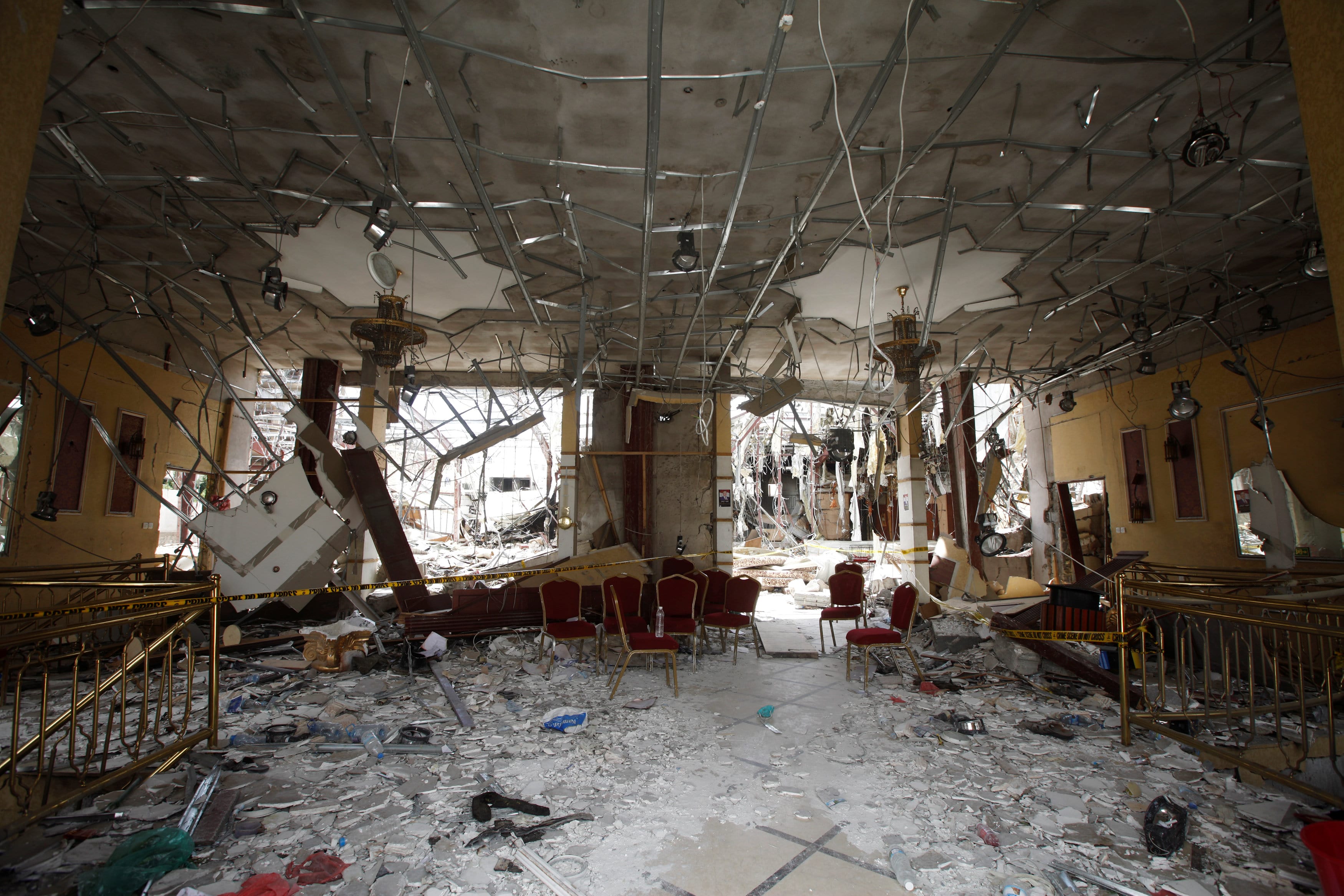 A community hall is seen during a visit by human rights activists to the hall that was struck by an air strike during a funeral on October 8, in Sanaa, Yemen, October 16, 2016.  (Photo: Reuters)