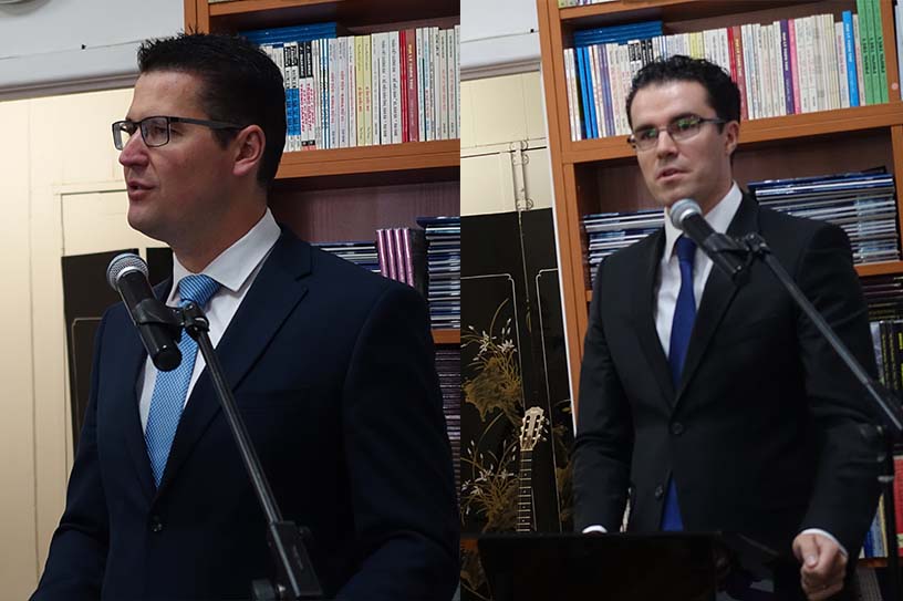 A combination photo of Liberal Senator for the ACT and Assistant Minister for Social Services and Multicultural Affairs Zed Seselja (L) and Labor MP, local member for Gellibrand, Tim Watts (R) at TiVi Tuan-san's official launch of its television online channel in Collingwood, Melbourne, Australia on Thursday 27, October. (Photo: TVTS)