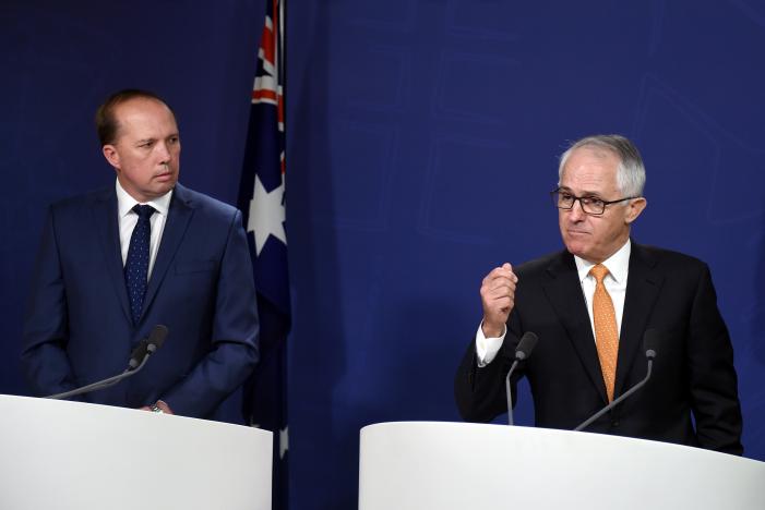 Australian Prime Minister Malcolm Turnbull (R) and Immigration and Border Protection Minister Peter Dutton answer a question during a news conference in Sydney, Australia, October 30, 2016. (Photo: AAP/Paul Miller/via Reuters)