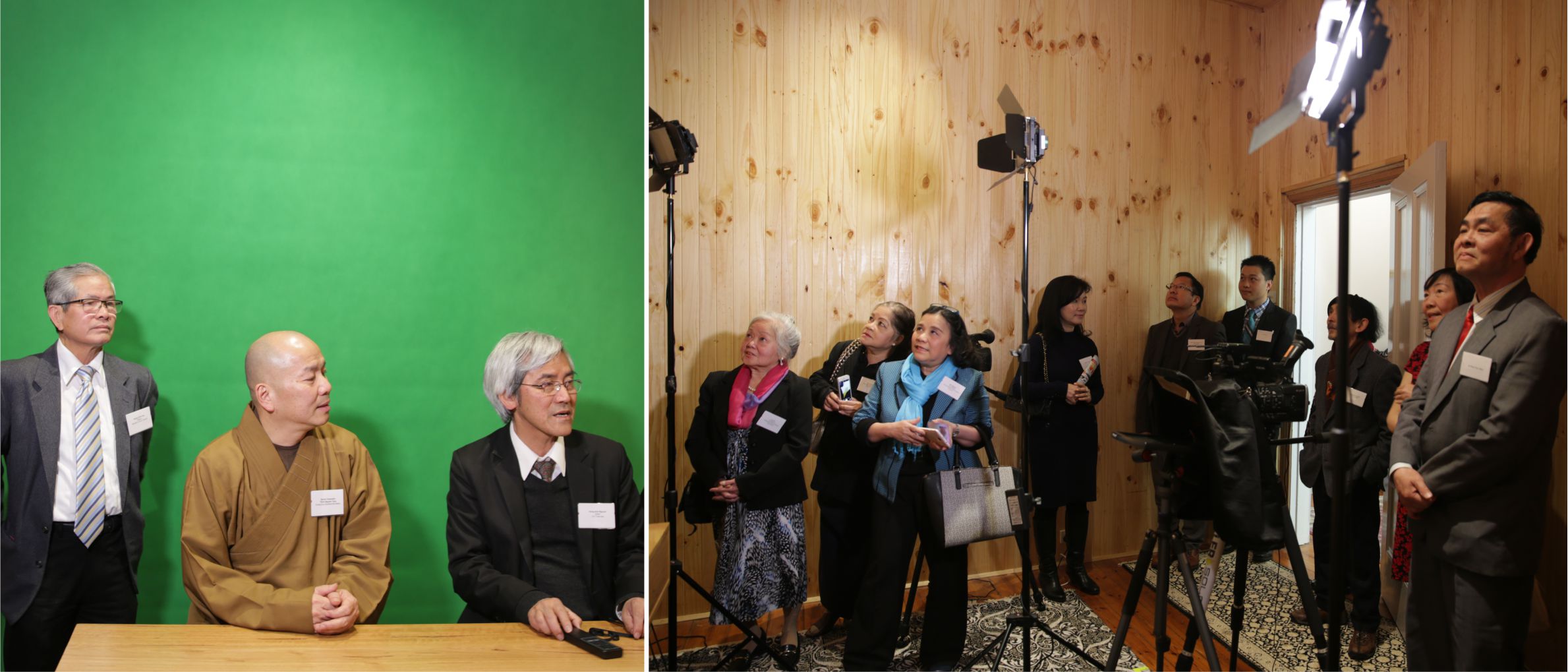 Ông Hồng Anh (trước green screen với Thượng tọa Nguyên Tạng và ông Hoàng Chính Đan) giải thích cho quan khách kỹ thuật thu hình tại studio