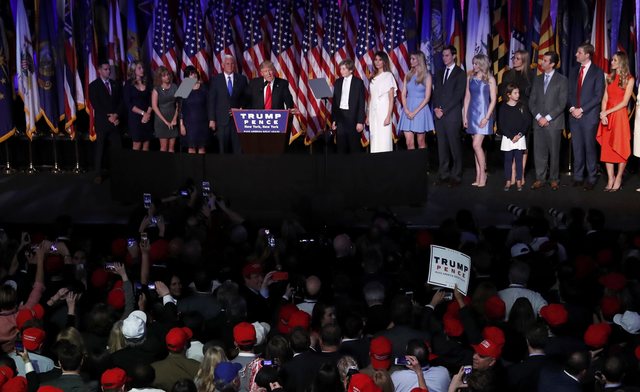 US President-elect Donald Trump is flanked by members of his family as well as relatives of Vice President-elect Mike Pence while speaking at his election night rally in Manhattan, New York, US, November 9, 2016. (Photo: Reuters)