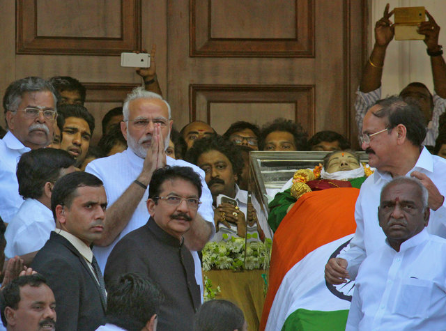 India's Prime Minister Narendra Modi gestures after paying homage to the body of Jayalalithaa Jayaram, a powerful politician who died on Monday, in Chennai, India. (Photo: Reuters)