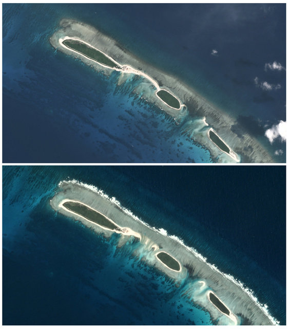 A combination photograph shows a land bridge (top) on a North Island, near Tree Island and Woody Island in the Paracel chain, in the South China Sea on September 10, 2016 and a view of the same bridge destroyed, on November 14, 2016. (Photo: Trevor Hammond/Planet Labs/Handout via Reuters)